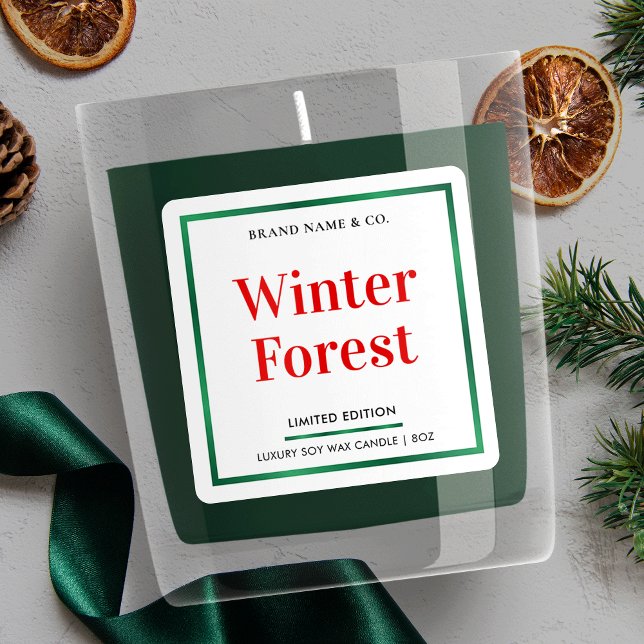 Pegatina Cuadrada Navidades elegantes de vacaciones modernas empaque (Minimal Christmas product labels with faux green foil and red typography )