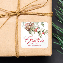 Pegatina Cuadrada Navidades elegantes Holly Berries y Pine Cones