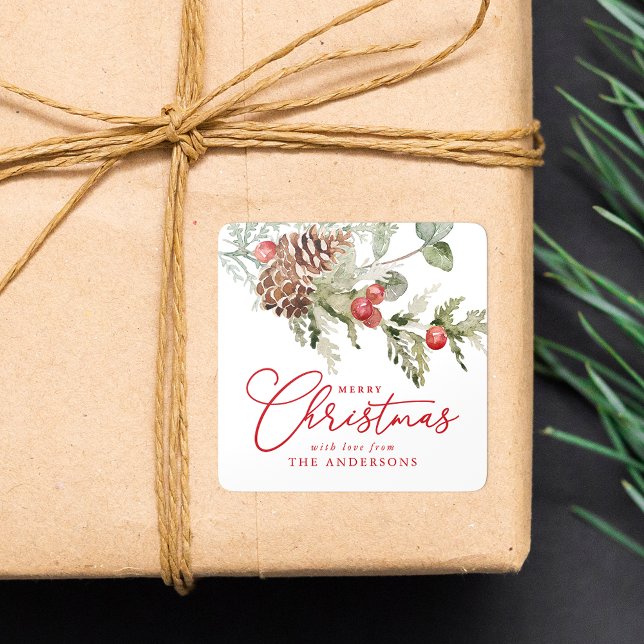 Pegatina Cuadrada Navidades elegantes Holly Berries y Pine Cones (Subido por el creador)