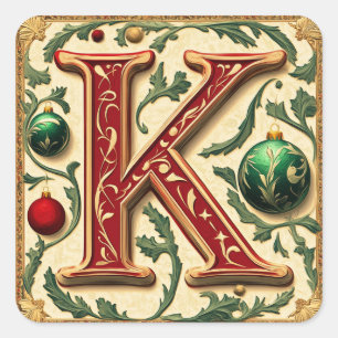 Pegatina Cuadrada Navidades elegantes letras K en rojo y verde