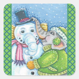 PEGATINA CUADRADA NAVIDADES ELEPHANT BUILDING CUTE PACHYDERM SNOWMAN