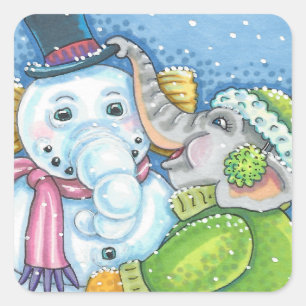 PEGATINA CUADRADA NAVIDADES ELEPHANT BUILDING CUTE PACHYDERM SNOWMAN