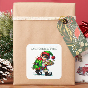Pegatina Cuadrada Navidades elf agregar mensaje Dulces Navidades Des