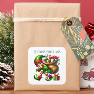 Pegatina Cuadrada Navidades elf agregar mensaje Seasons Greetings
