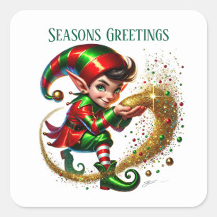 Pegatina Cuadrada Navidades elf agregar mensaje Seasons Greetings
