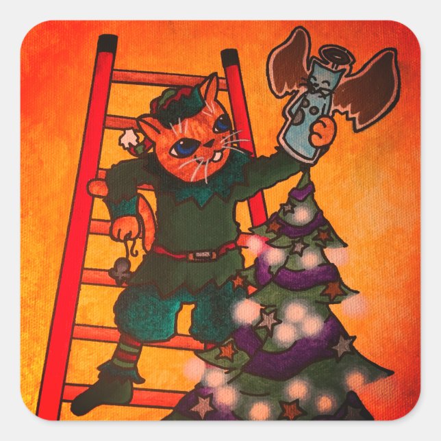 Pegatina Cuadrada Navidades Elf Cat (Anverso)