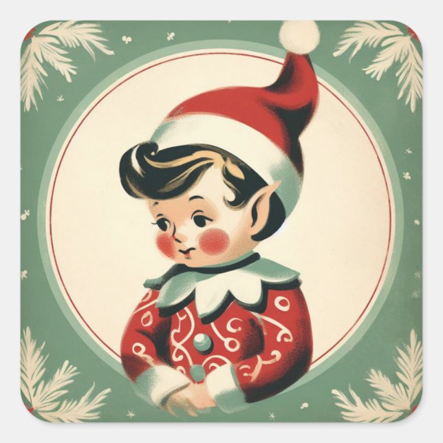 Pegatina Cuadrada Navidades Elf Cute Vintage Holiday (Anverso)