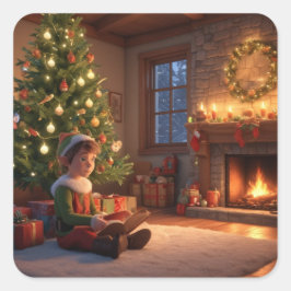 Pegatina Cuadrada Navidades Elves