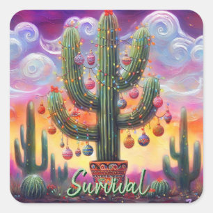 Pegatina Cuadrada Navidades en el desierto Saguaro Cactus al suroest