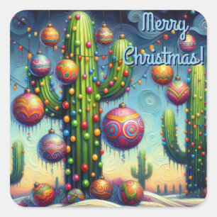 Pegatina Cuadrada Navidades en el desierto Saguaro Cactus al suroest