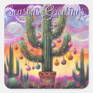 Pegatina Cuadrada Navidades en el desierto Saguaro Cactus al suroest