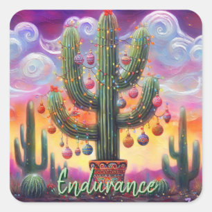Pegatina Cuadrada Navidades en el desierto Saguaro Cactus al suroest