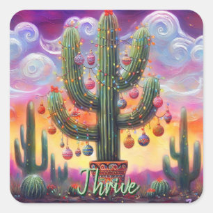 Pegatina Cuadrada Navidades en el desierto Saguaro Cactus al suroest