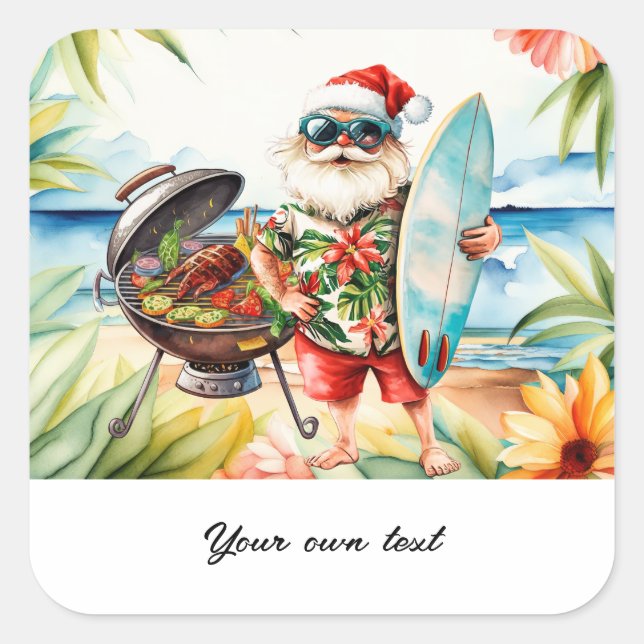 Pegatina Cuadrada Navidades en julio con Santa en vacaciones en la p (Anverso)