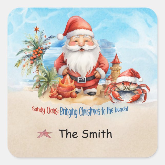 Pegatina Cuadrada Navidades en julio en la playa (Anverso)