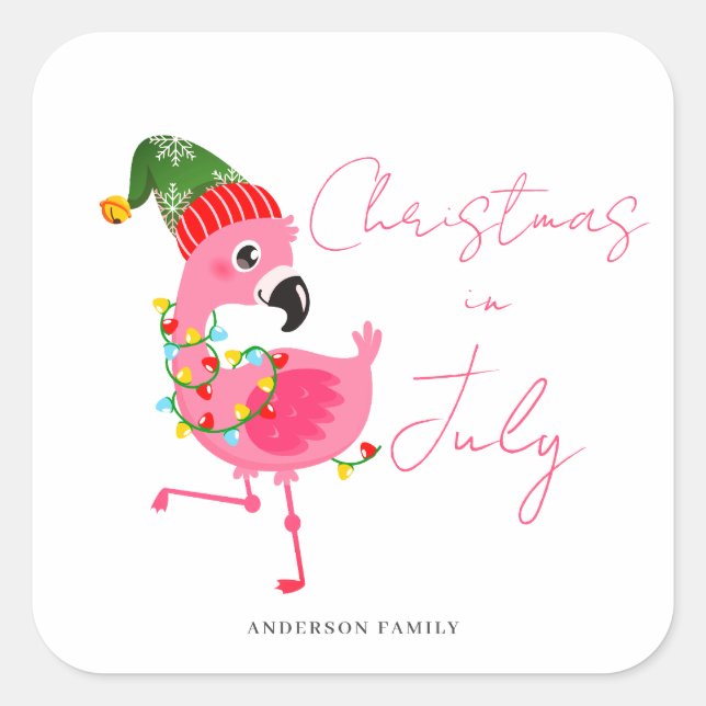 Pegatina Cuadrada Navidades En Julio Flamingo (Anverso)