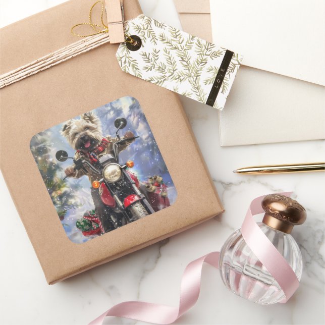 Pegatina Cuadrada Navidades en moto de Cairn Terrier (Regalar)