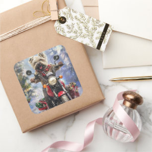 Pegatina Cuadrada Navidades en moto de Cairn Terrier