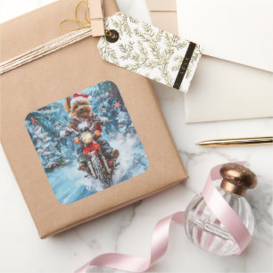 Pegatina Cuadrada Navidades en motocicleta de Biewer Terrier Dog Rid