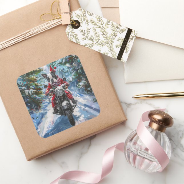 Pegatina Cuadrada Navidades en motocicleta de Boston Terrier Dog Rid (Regalar)