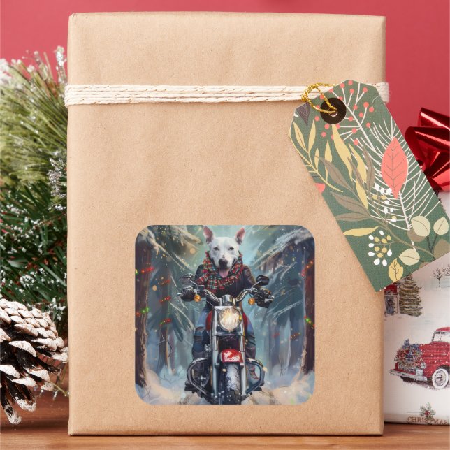 Pegatina Cuadrada Navidades en motocicleta de Bull Terrier Dog Ridin (Vacaciones)