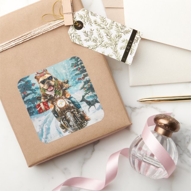 Pegatina Cuadrada Navidades en motocicleta de bulldog (Regalar)