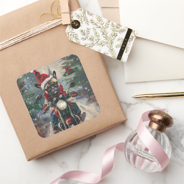 Pegatina Cuadrada Navidades en motocicleta de Bulldog francés (Regalar)