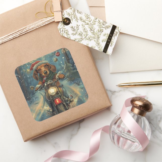 Pegatina Cuadrada Navidades en motocicleta de Dachshund (Regalar)