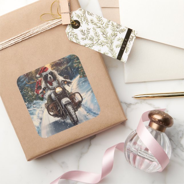Pegatina Cuadrada Navidades en motocicleta de la equitación del perr (Regalar)