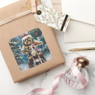 Pegatina Cuadrada Navidades en motocicleta de lhasa Apso Dog Riding