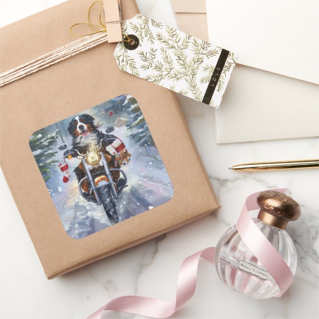 Pegatina Cuadrada Navidades en motocicleta de Montaña Perro de Berna (Regalar)