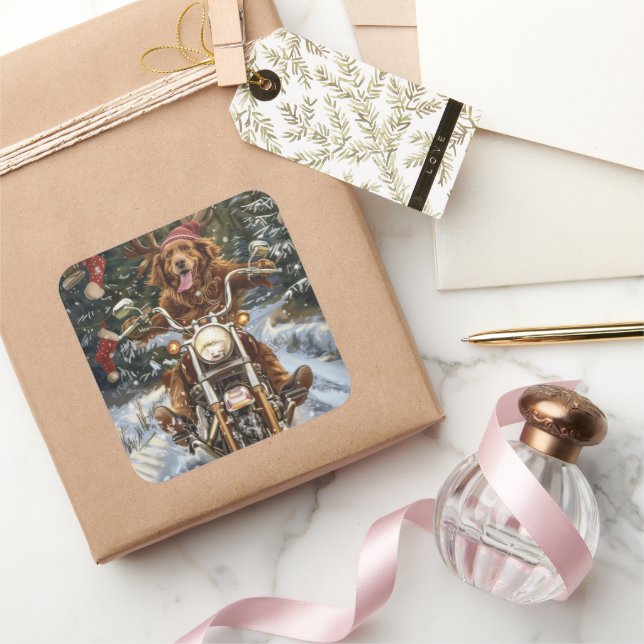 Pegatina Cuadrada Navidades en motocicleta de perros de Nueva Escoci (Regalar)