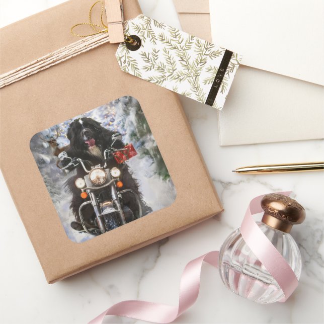 Pegatina Cuadrada Navidades en motocicleta de perros de Terranova (Regalar)