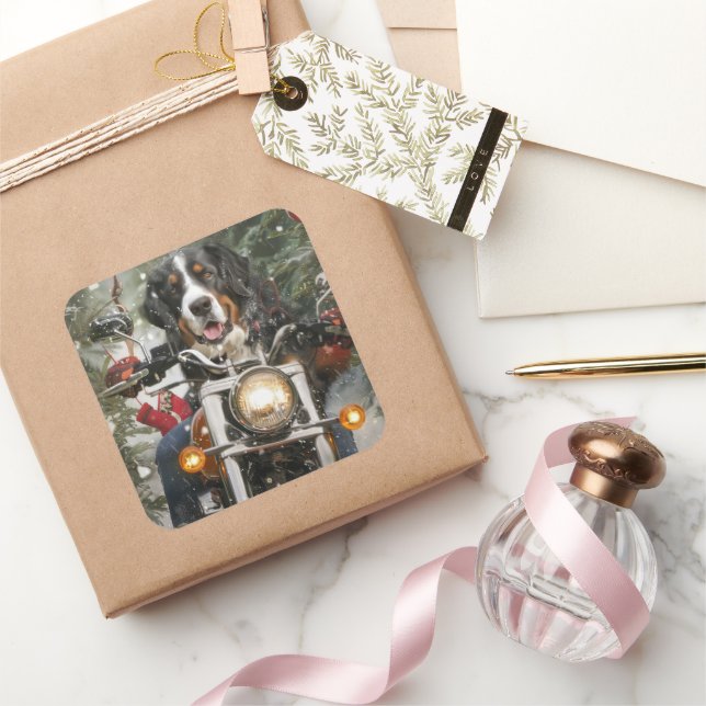 Pegatina Cuadrada Navidades en motocicleta del Gran Suizo Montañismo (Regalar)