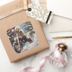 Pegatina Cuadrada Navidades en motocicleta Goldendoodle Dog Riding