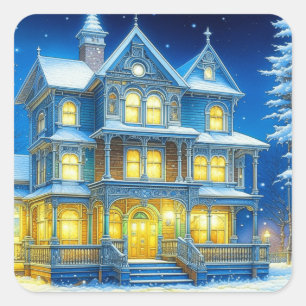 Pegatina Cuadrada Navidades en vacaciones nocturnas de nieve