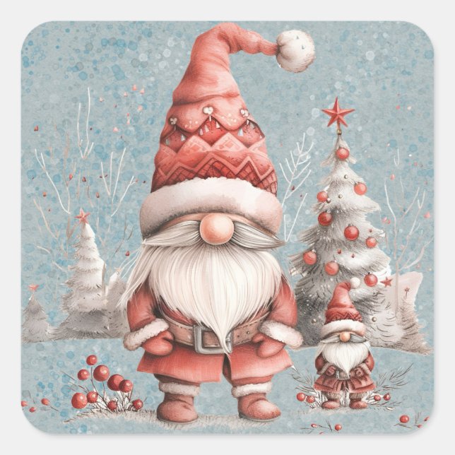Pegatina Cuadrada Navidades escandinavos Gnome Red Berries (Anverso)