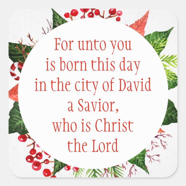 Pegatina Cuadrada Navidades Escritura Luke 2:11 Floral acuarela (Anverso)