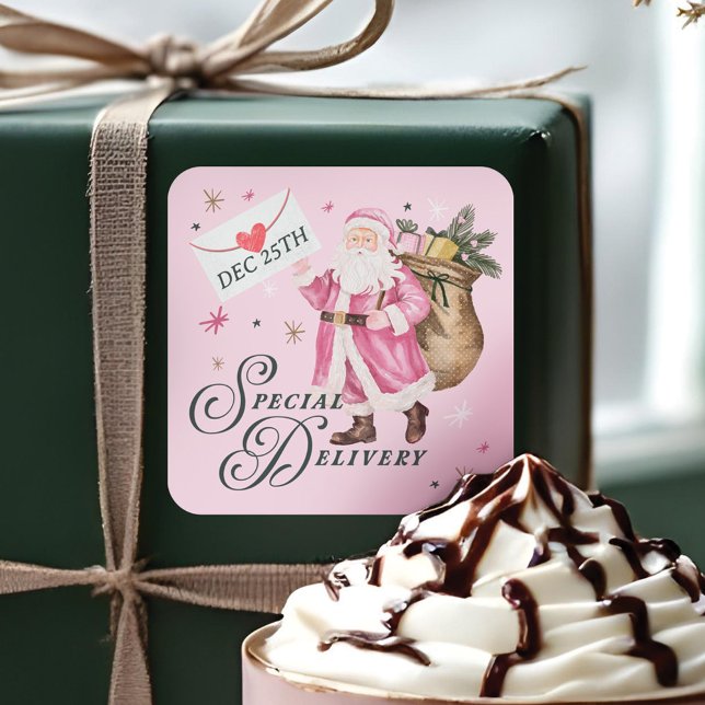 Pegatina Cuadrada Navidades especiales del Retro Rosa Santa Claus (Special Delivery Pink Retro Santa Claus Christmas Square Sticker)