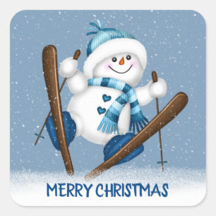 Pegatina Cuadrada Navidades esquiando a Snowman