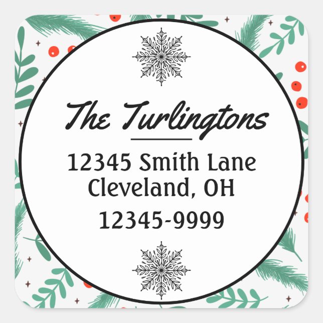 Pegatina Cuadrada Navidades Evergreen Boughs Holly Return Address (Anverso)