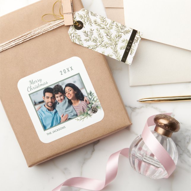 Pegatina Cuadrada Navidades familia foto cono blanco pino (Regalar)