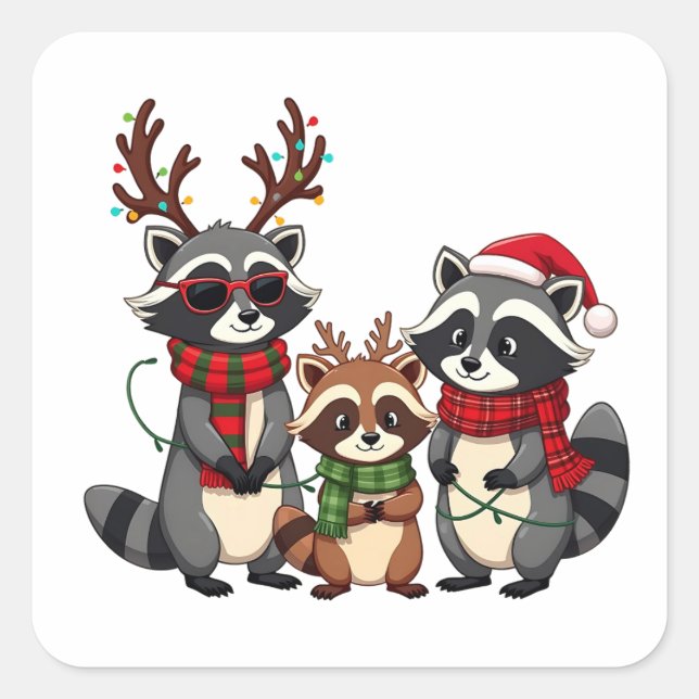 Pegatina Cuadrada Navidades familiares coincidentes Raccoons Santa H (Anverso)