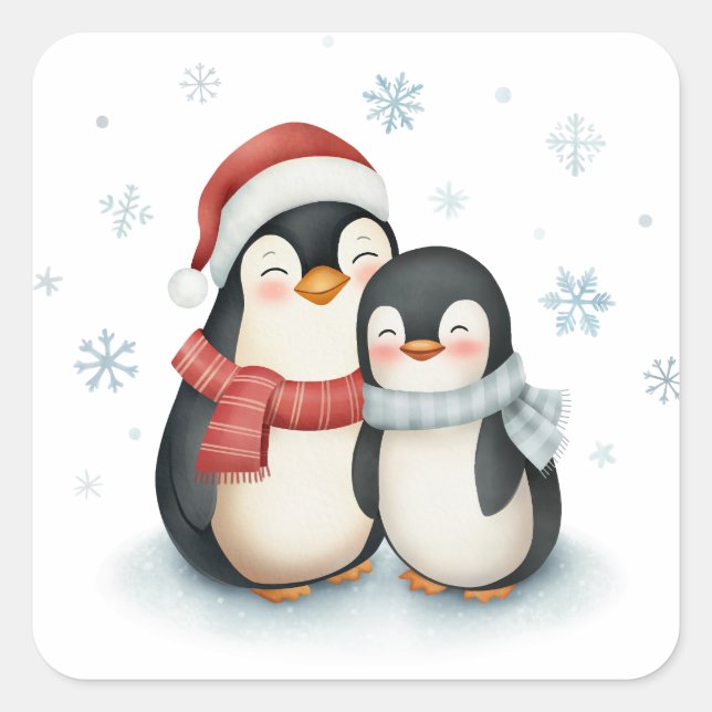 Pegatina Cuadrada Navidades familiares de pingüino con tema de invie (Anverso)