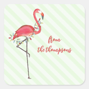 Pegatina Cuadrada Navidades Festividad Cute Flamingo String Lights C