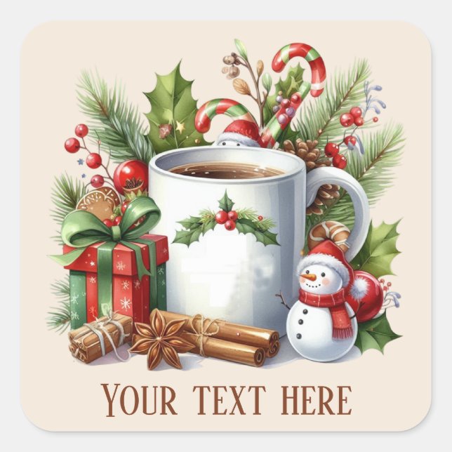 Pegatina Cuadrada Navidades festivos agregar texto en cacao (Anverso)