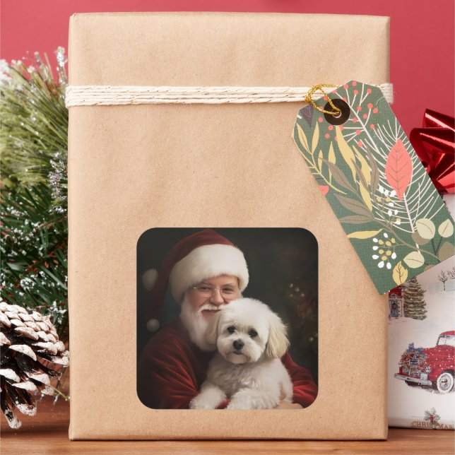 Pegatina Cuadrada Navidades festivos de Bichon Frise con Santa Claus (Vacaciones)