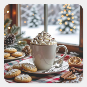 Pegatina Cuadrada Navidades festivos de chocolate caliente y galleta