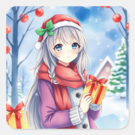 Pegatina Cuadrada Navidades festivos de los Chicas de Anime