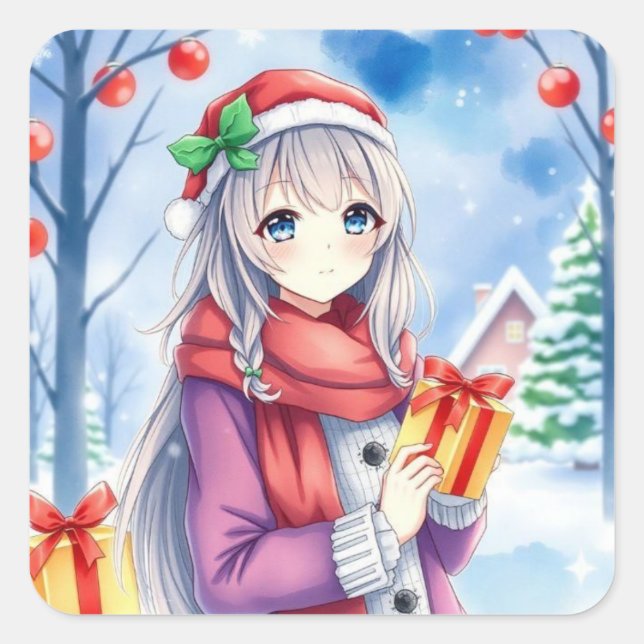 Pegatina Cuadrada Navidades festivos de los Chicas de Anime (Anverso)